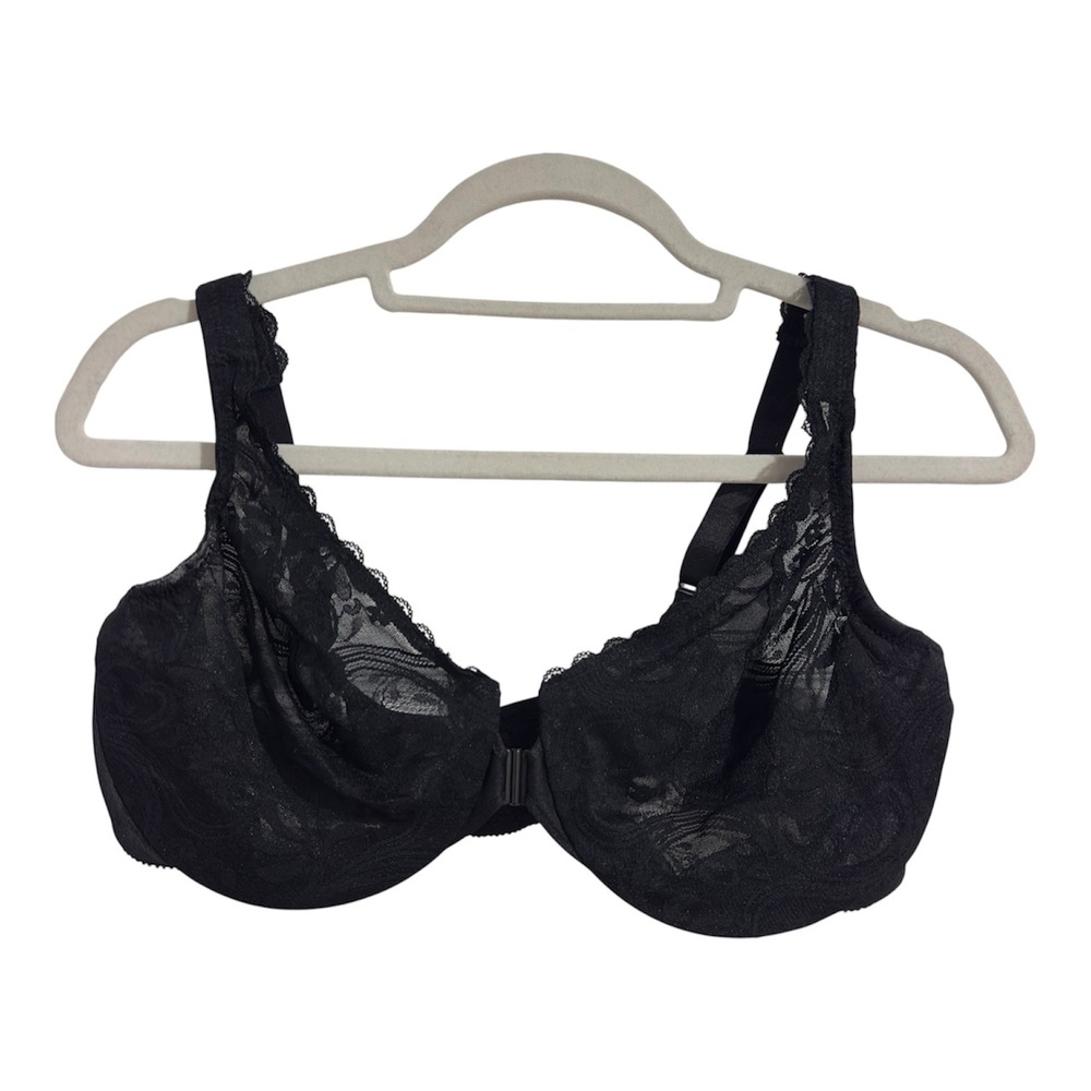 Glamorise Black Lace Front Close Underwire Bra 42B Floral Sheer CD507
